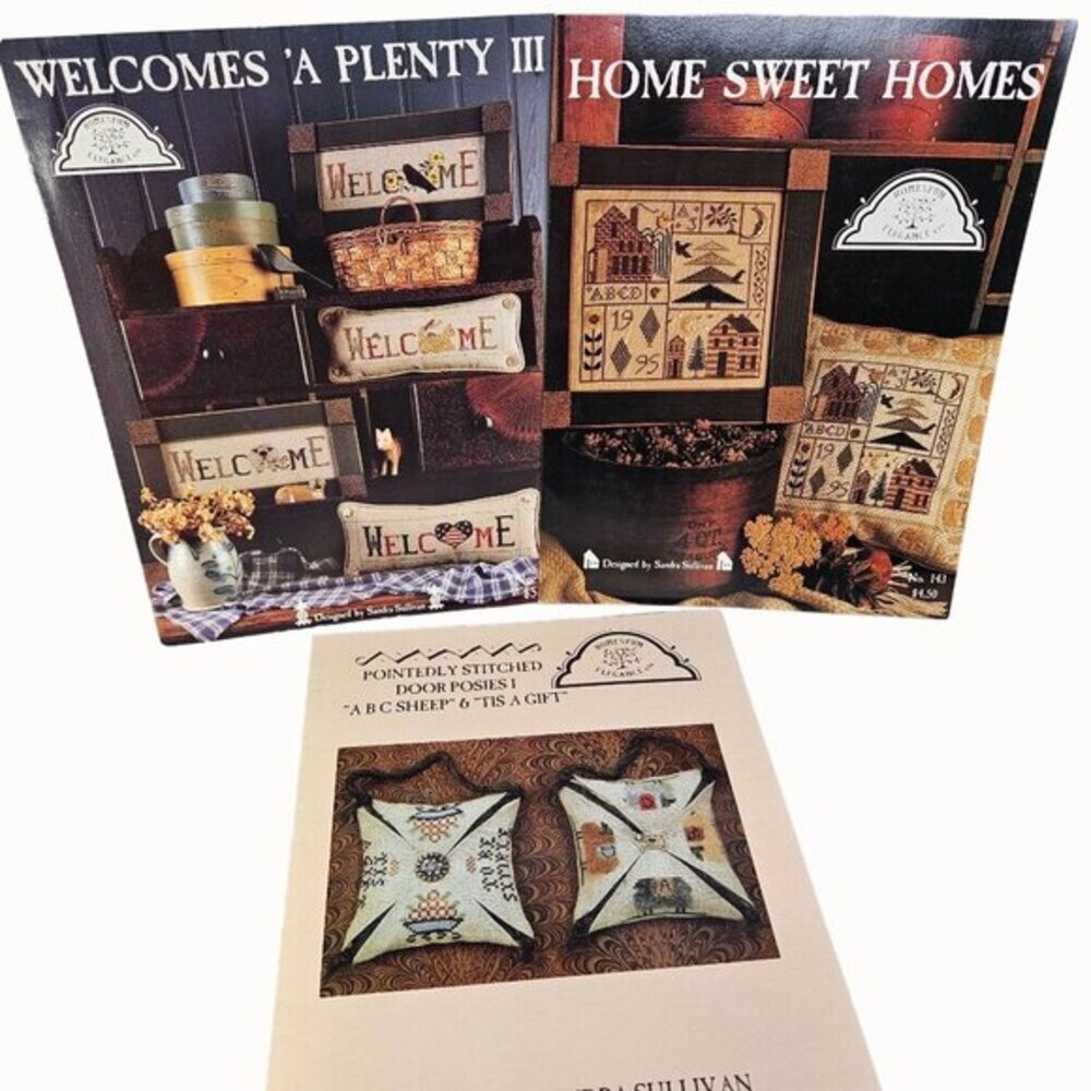 Homespun Elegance Cross Stitch Welcomes Door Posies Home Sweet Home Lot of 3 Vtg